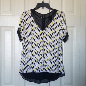 WORTHINGTON Geometric Print Blouse with Sheer Chiffon V-Neck Retro Inspired L